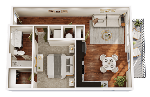 Floor plan for 1 bed, 1 bath, 630 sqft